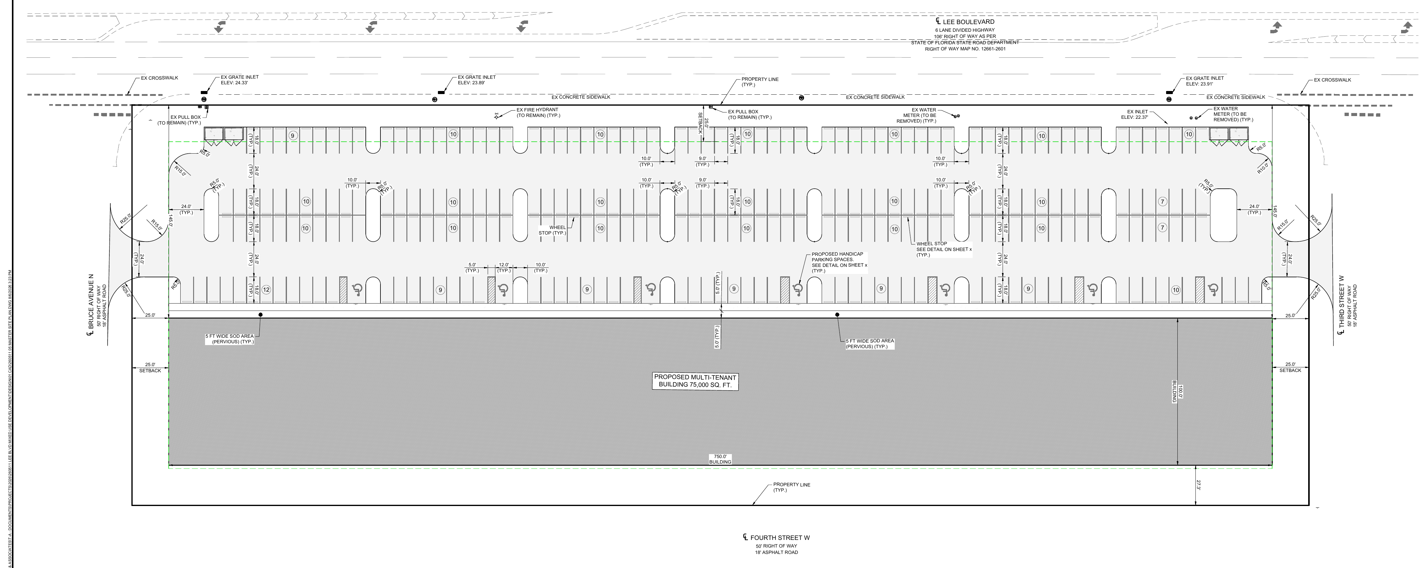 Preliminary Capital Square site plan showing a 75,000 square foot building, parking, Lee Boulevard, Bruce Avenue North, Third Street West and Fourth Street West