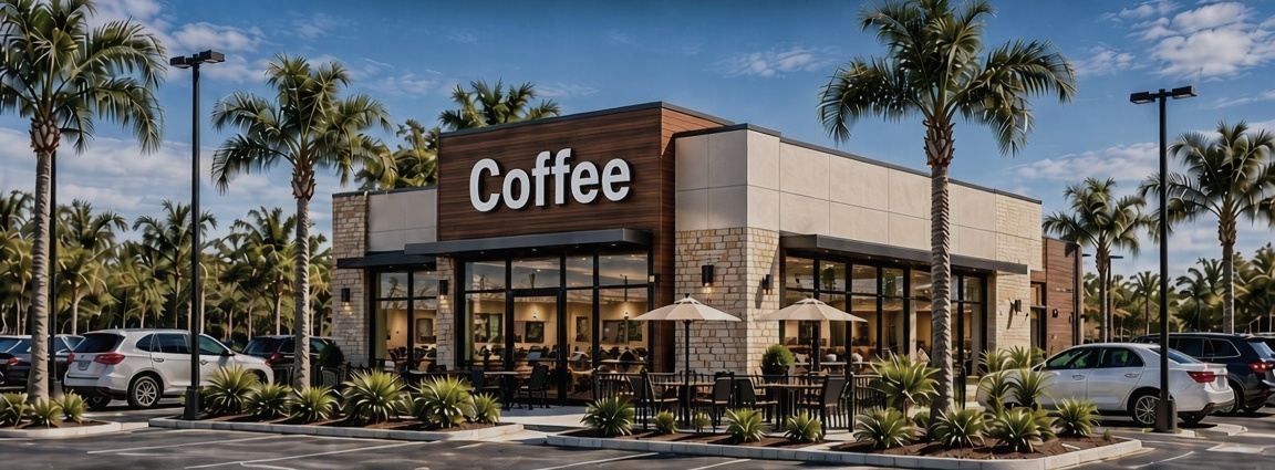 Conceptual MVP Commons coffee shop building and parking area