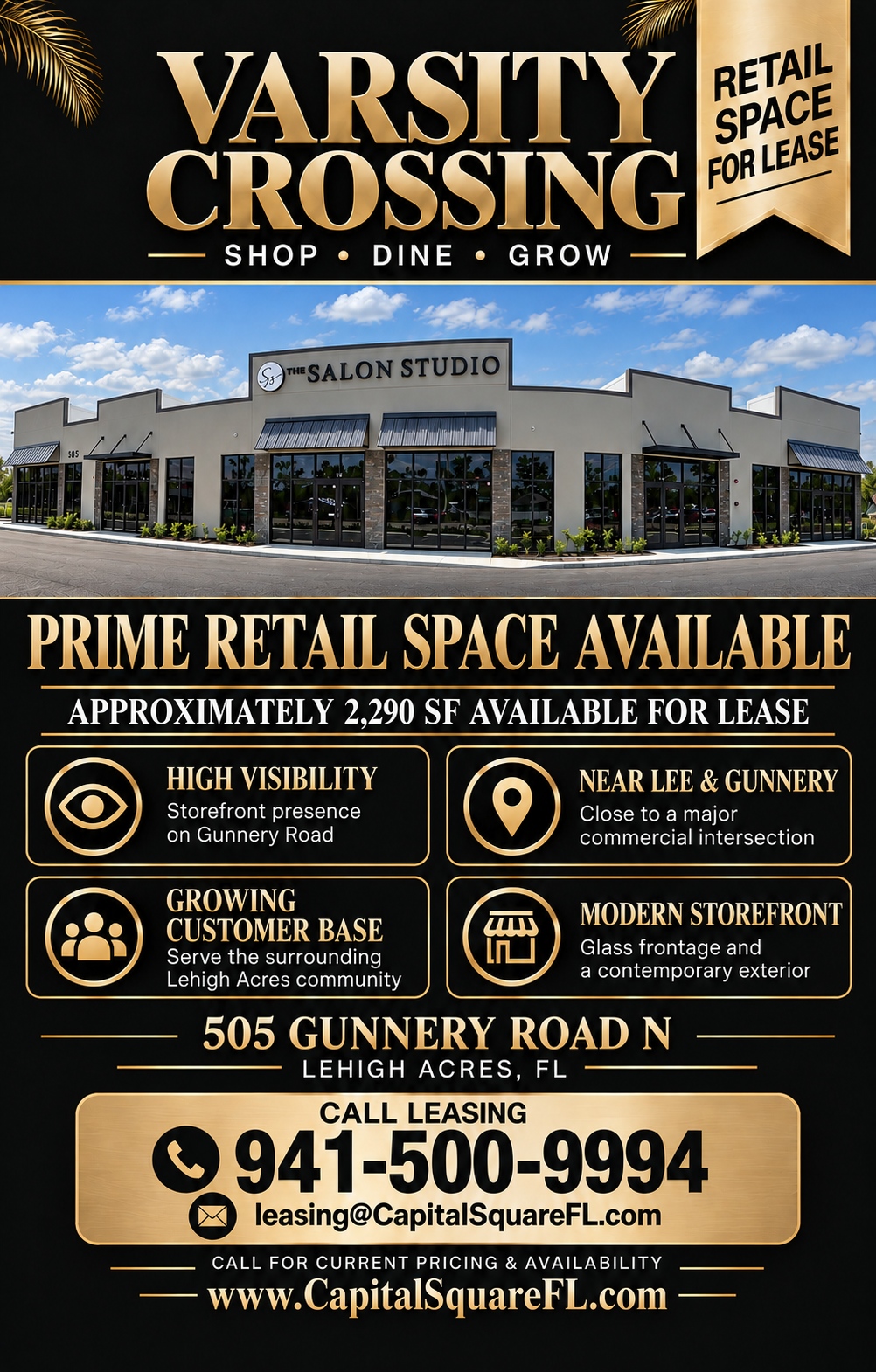 Varsity Crossing retail leasing flyer with actual building photo and leasing phone number